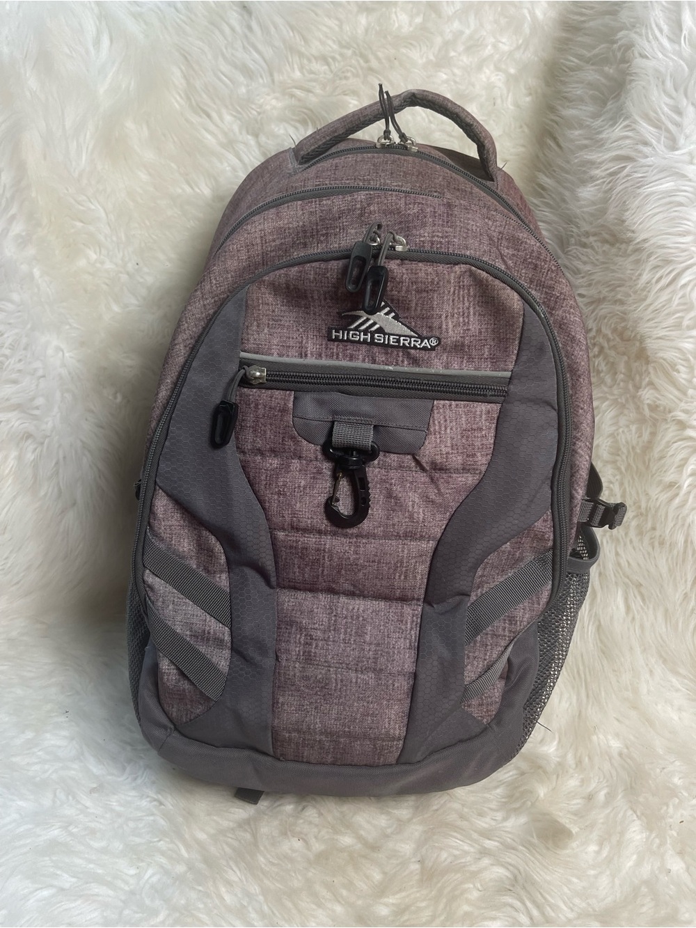 High Sierra Backpack plum &Gray features a tech spot for tablet & laptops